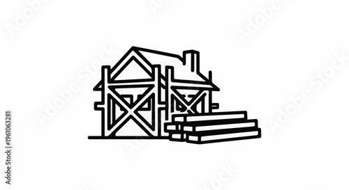 Outline of a house under construction with scaffolding and lumber