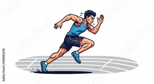 Muscular athlete in blue tank top and shorts sprints on track