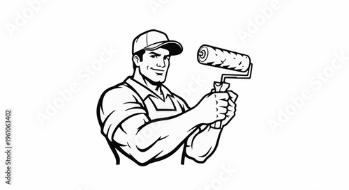 Muscular man in cap and apron holding paint roller, ready to paint