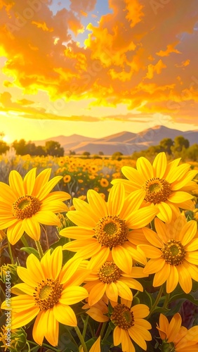 Vibrant yellow flowers in a field under a colorful sunset sky