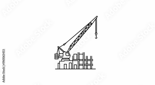 Outline illustration of a construction crane lifting materials at a building site