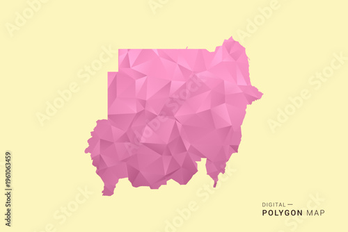 Sudan Map - Low poly polygon map design in soft pink pastel gradient on beige background, modern minimal geometric style, clean digital vector illustration.