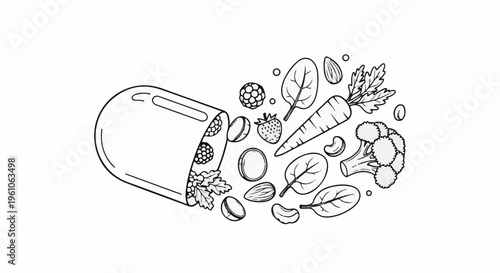 Outlined capsule spilling healthy fruits, nuts, and vegetables in black and white