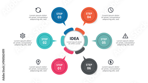 Essential infographic with 6 steps, options, parts or processes. Business data visualization.