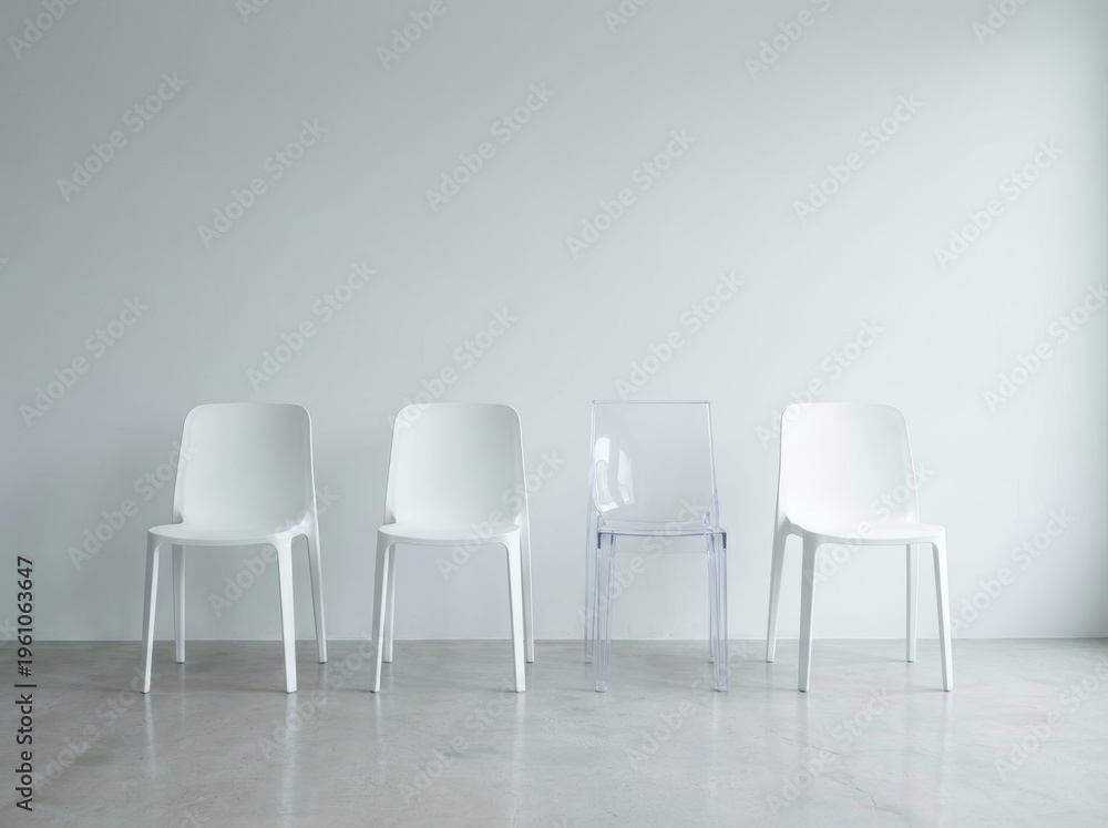 Obraz premium Four simple chairs in a minimalist room illustrate candidate selection or career advancement in HR context.