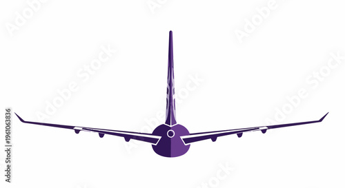 Minimalist purple jetliner seen from behind with elaborate tail fin