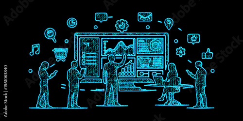 Digital marketing data analytics dashboard with business team wireframe and social media mesh background