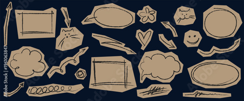 Crayon-style doodles and cutouts scrapbook element of hearts, stars, arrows, text balloons. Sketchy spark vector elements. Vintage, retro aesthetic cutouts for collages, journals, and creative crafts.