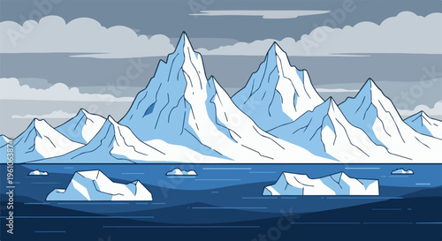 Pixel art style icy mountains rise over dark blue ocean with icebergs