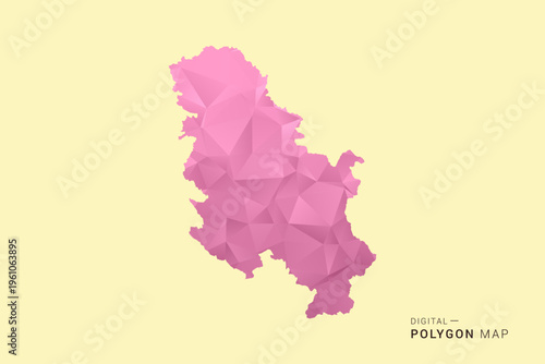 Serbia Map - Low poly polygon map design in soft pink pastel gradient on beige background, modern minimal geometric style, clean digital vector illustration.