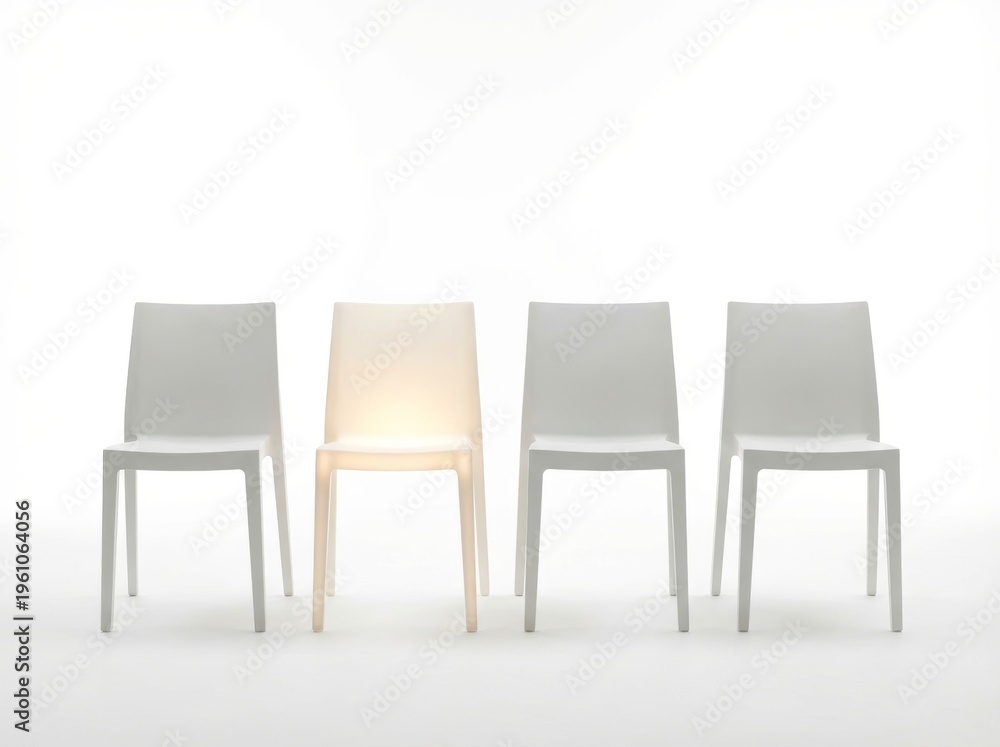 Obraz premium Four white chairs with one illuminated, symbolizing selection or career growth.