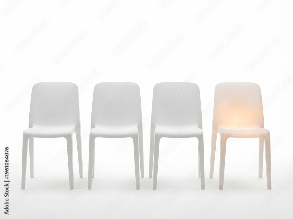 Obraz premium Four white chairs with one illuminated, symbolizing selection for HR use.