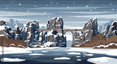 Pixel art winter landscape with snow-covered rocks, frozen river, and bridge