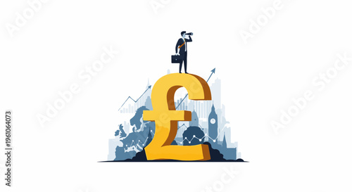 Man with briefcase looks through spyglass atop pound symbol with city skyline