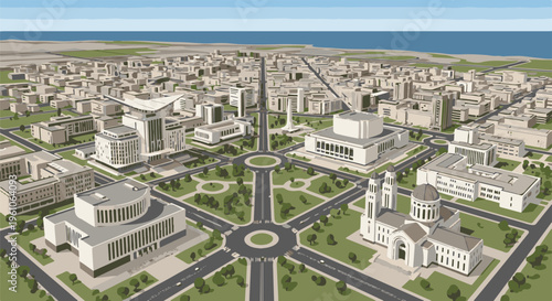 Pixelated aerial view of a city with modern buildings, roads, and green spaces