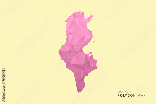 Tunisia Map - Low poly polygon map design in soft pink pastel gradient on beige background, modern minimal geometric style, clean digital vector illustration.