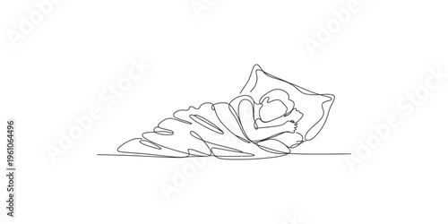A continuous line drawing depicts a person peacefully sleeping under a blanket and pillow high quality professional detailed