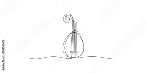 A single continuous line drawing depicts an oud a pear shaped stringed instrument high quality professional detailed modern