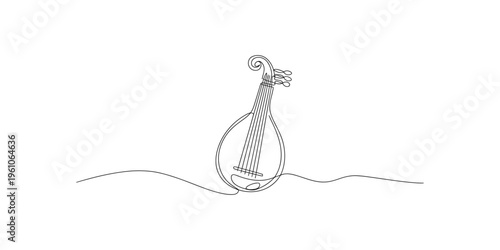 A continuous line drawing depicts a vintage lute instrument with elegant curves high quality professional detailed modern stylish