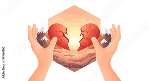 Broken heart symbol held by hands with mountain background illustration