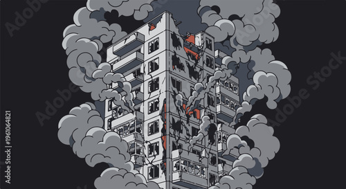 Pixelated apartment building engulfed in smoke, showing damage