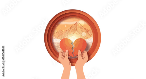 Broken heart symbol held by hands with mountain landscape in background
