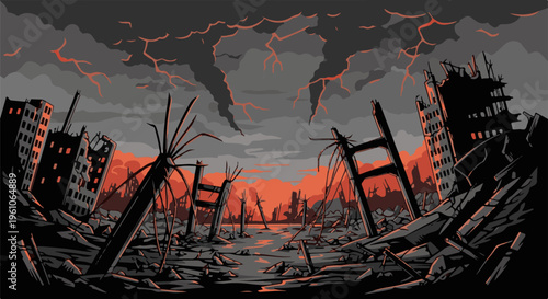 Pixelated apocalyptic cityscape with orange sky and storm clouds