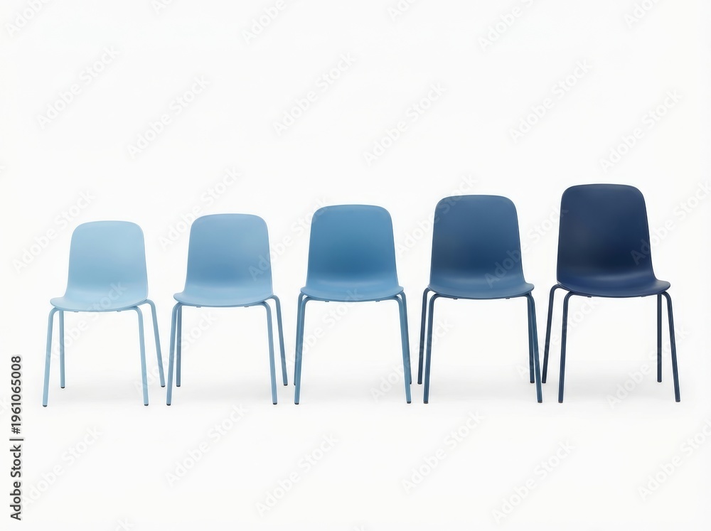 Obraz premium Five blue chairs in a row represent candidate selection or career progression.