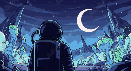 Pixelated astronaut gazes at a crescent moon on an alien world