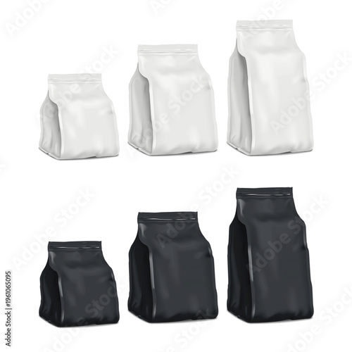 Zipper pouch package. Various sizes. White, black. Realistic 3d vector mockup set. Flexible plastic, foil or paper bag with zip lock. Template for design. Easy editable mock-up