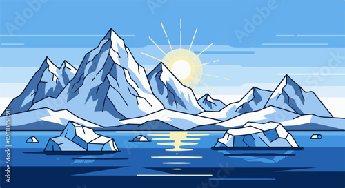 Pixelated arctic scene with sun shining over snowy mountains and icy water