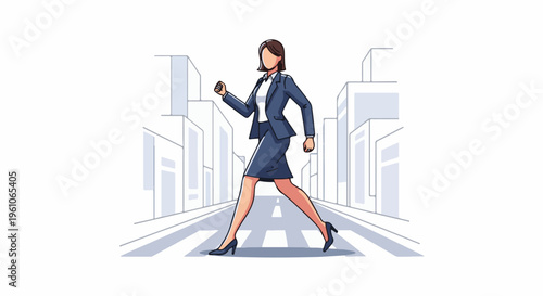 Pixelated businesswoman walks confidently across a city crosswalk