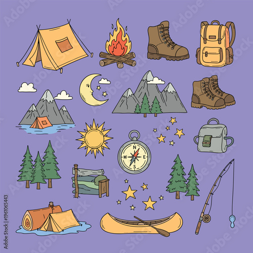 A serene camping scene in a woodland setting with a tent and trees.