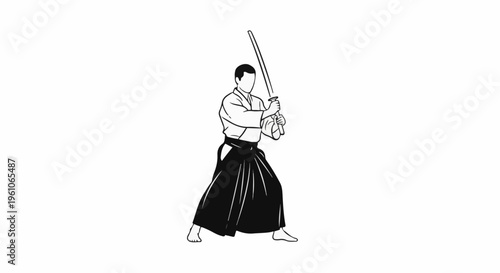 Martial artist in traditional uniform holds a sword with both hands