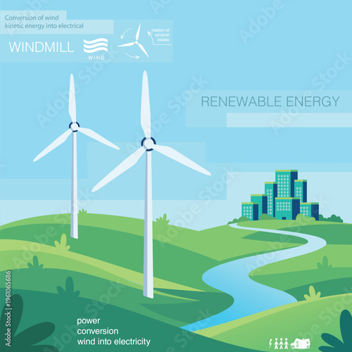 Renewable energy. Landscape with a solar panel and a windmill.
