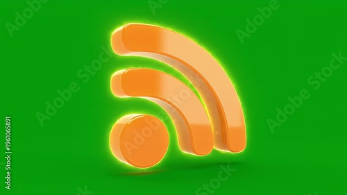 Orange waves and circle symbol on vibrant green background