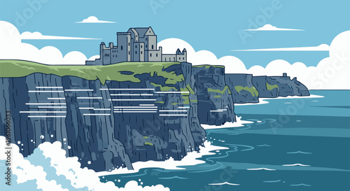 Pixelated castle atop rugged cliffs overlooking a churning sea under a cloudy sky
