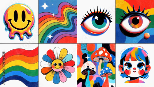 Colorful Retro Cartoon Collage Featuring Smiley Rainbow Eye Flower Mushroom
