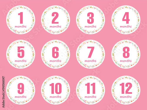Cute 12 months stickers for the first year of the baby girl's life. Flowers in circle. Vector design.
