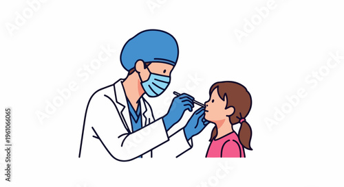 Medical examination of a child's nose by a masked doctor
