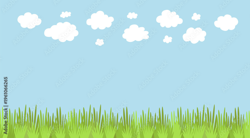 Fototapeta premium Sunny day landscape with green field and white fluffy clouds in blue sky. Clear nature background with copy space for environmental and education projects.