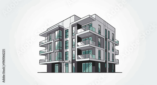 Modern apartment building with multiple balconies and large windows
