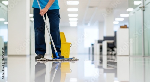 Janitor Mopping Floor in Modern Office Hallway, Hygiene Concept