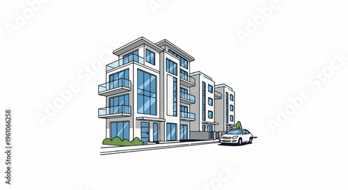 Modern apartment buildings with balconies and a white car parked on the street
