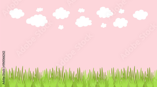Dreamy landscape with green grass and white clouds on soft pink sky background. Beautiful magic nature illustration for girls birthday cards and nursery decor.