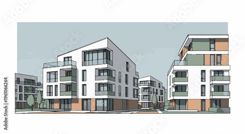 Modern apartment buildings with balconies under a pale sky