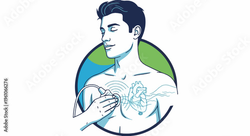 Medical illustration of a man's chest with an ultrasound probe touching his heart