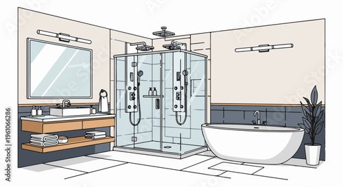Modern bathroom illustration with double shower, soaking tub, and vanity