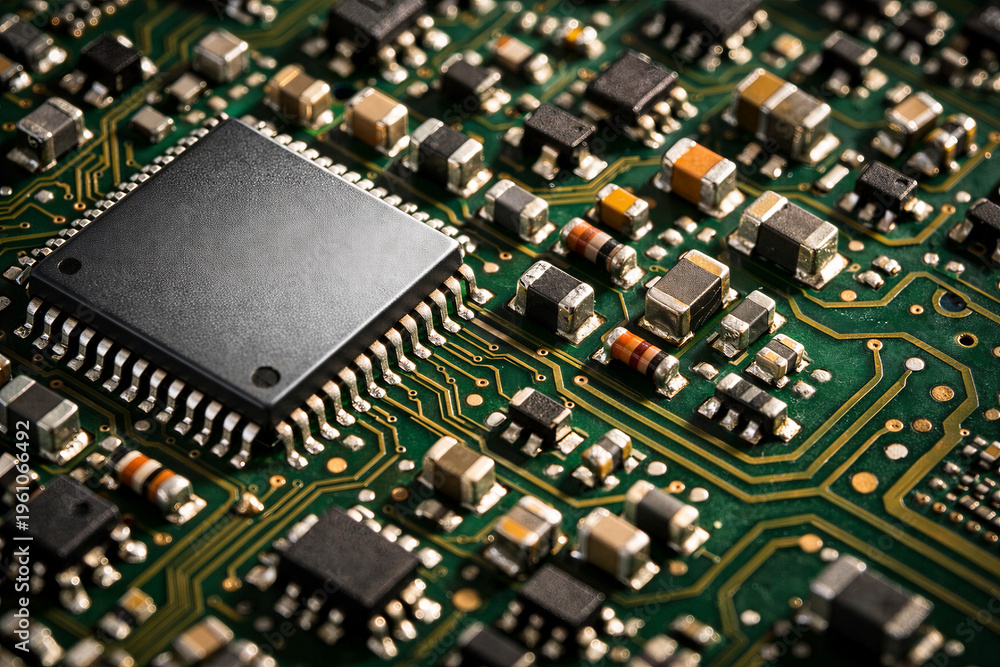Obraz premium Macro Close-up of Green PCB Circuit Board with SMD Components and Copper Traces