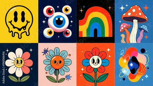 Nine playful squares of melting smiley eyeball rainbow flower mushroom teardrop art grid